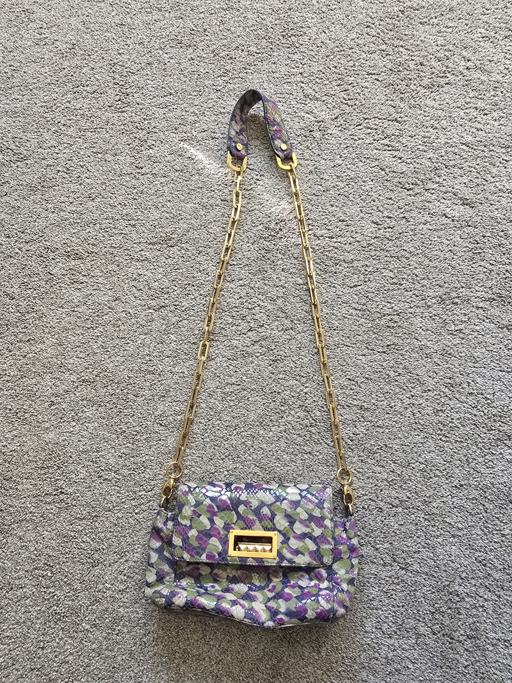 Tory Burch Shoulder Bag Snake Print Purple/Green Turn Lock Chain Strap
